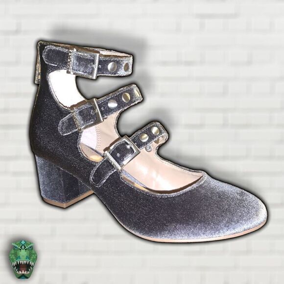 CHARLES by Charles David Dark Lolita Goth Gray Velvet Strappy Buckle Caged Block - Picture 2 of 7